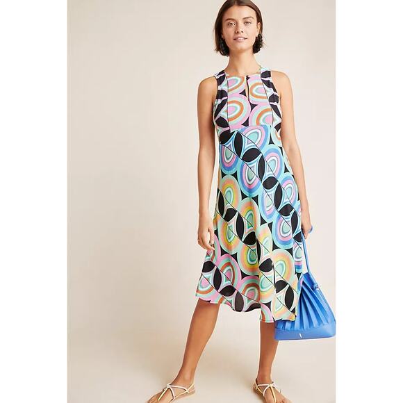 Anthropologie Kenzie Geometric Print Asymmetrical Midi Dress Multi Women's US 4 - Picture 1 of 12